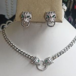 Chain 18K white gold over Stainless steel Leopard panther head necklace earrings